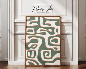 Original minimalistische abstrakte Wandkunst, druckbares digitales Poster, Erdtöne Wanddekoration, moderne Kunst in Grün und Orange, neutrale Wandkunst