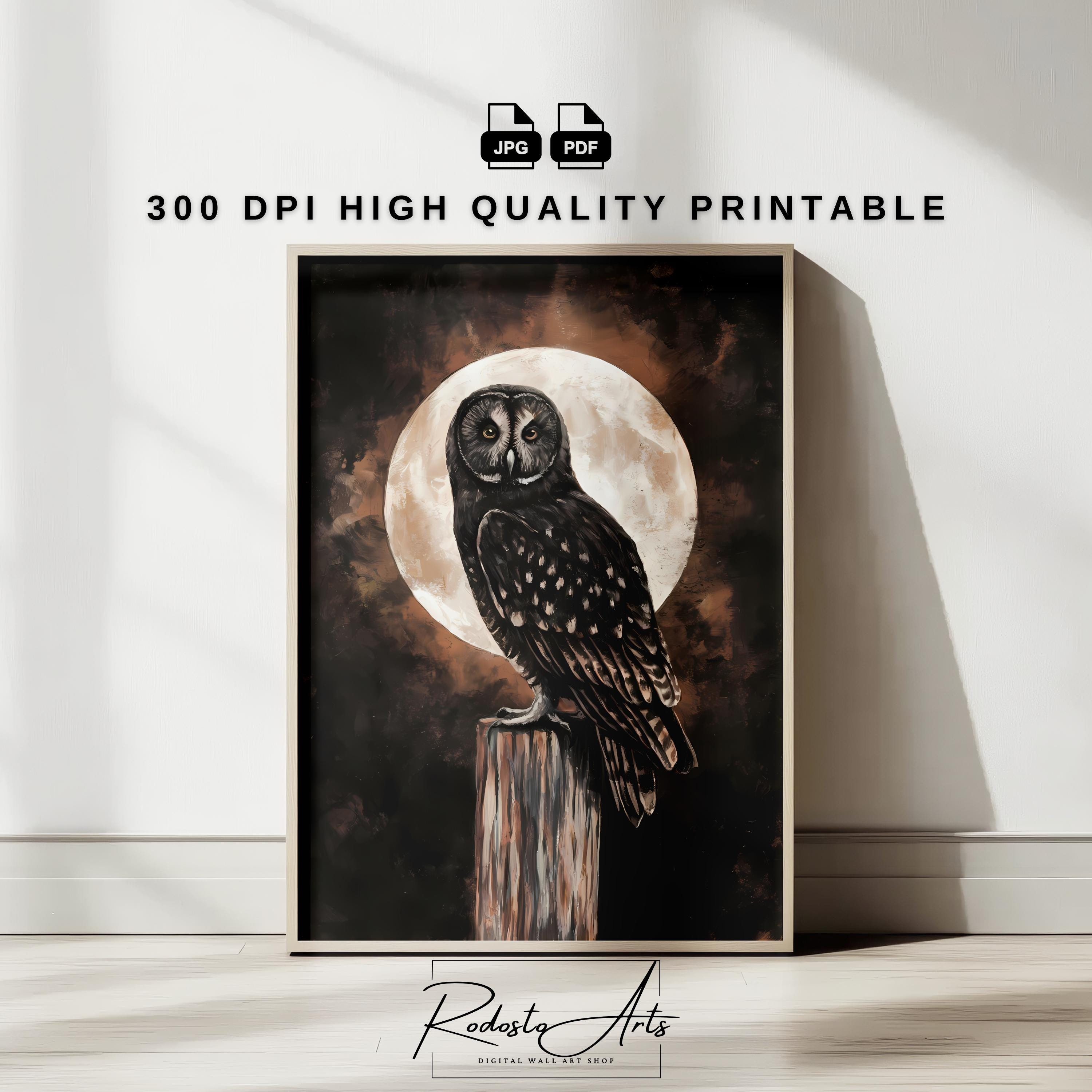 Dark Academia Owl Art, Gothic Owl Print, Nocturnal Bird Wall Art, Moonlight Owl Painting, Mysterious