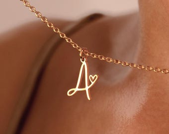 Initial Necklace with Heart, Custom Letter Necklace, 14k Gold Initial Necklace, Name Jewelry, Anniversary Gift, Gift for Her, Christmas Gift