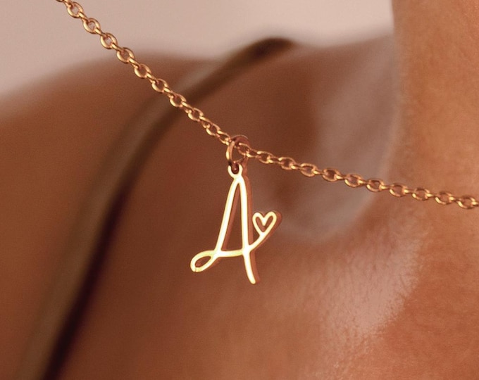 Initial Necklace with Heart, Custom Letter Necklace, 14k Gold Initial Necklace, Name Jewelry, Anniversary Gift, Gift for Her, Christmas Gift