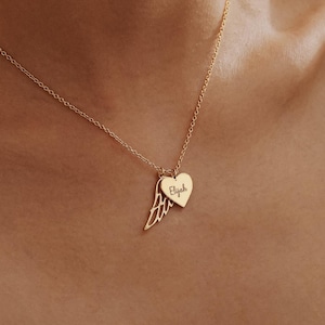 Collar con nombre y colgante de corazón con alas de ángel, collar con alas con nombre grabado, collar conmemorativo, regalo de condolencia, regalo de recuerdo, regalo del Día de la Madre