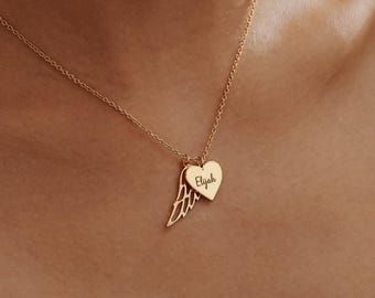 Heart Pendant Name Necklace with Angel Wing, Engraved Name Wing Necklace, Memorial Necklace, Sympathy Gift, Keepsake Gift, Mothers Day Gift