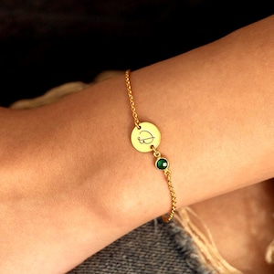 Personalized Birthstone Bracelet, Engraved Initial Disc Charm, Handmade Gemstone Jewelry, Gift for Mom