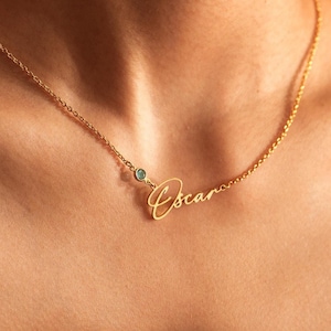 Colar com nome de pedra de nascimento personalizado, colar com nome com pedra de nascimento, colar delicado, colares com nome de script, presente de aniversário, presente de Natal