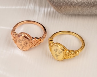 Personalized Birth Flower Ring, Engraved Bouquet Signet Ring, Elegant Multi Birth Flower Ring, Family Ring for Mom, Handmade Gift for Her