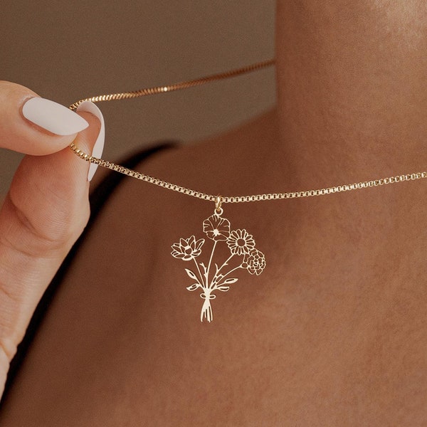 Birth Flower Bouquet Necklace, Family Birth Flowers Necklace, Combine Birth Flower Charm Necklace, Gold Necklace, Christmas Gift for Mom