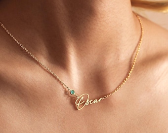 Handgjort namnhalsband med födelsesten, personligt namnhalsband, halsband med födelsesten, julklapp till henne, present till kvinnor