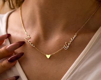 Collier 2 prénoms avec coeur, collier prénom pour couple personnalisé, cadeau collier prénom pour maman, collier deux prénoms, cadeau pour femme, maman de deux enfants