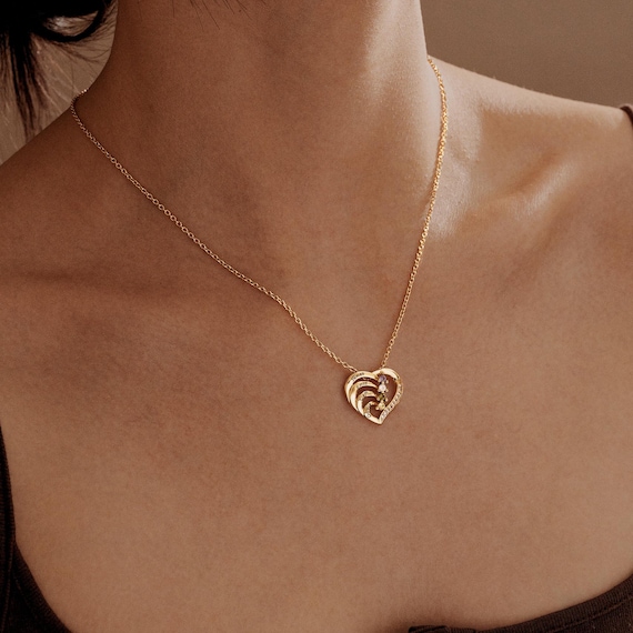 Engraved Heart Necklace, Personalized Family Birthstone Name Necklace, Three Four Names Necklace, Mother Birthday Gift, Expecting Mom Gift