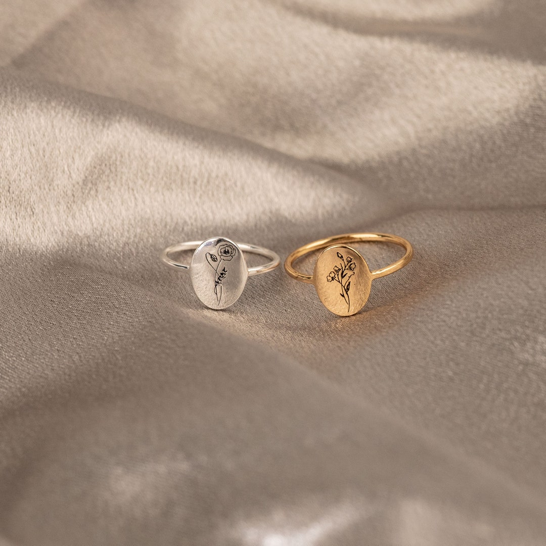 Personalized Birth Flower Ring, Custom Engraved Birth Flower Ring ...