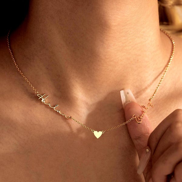 2 Names Necklace with Heart, Personalized Couple Names Necklace, Name Necklace Gift for Mom, Two Name Necklace, Gift for Wife, Mom of Two