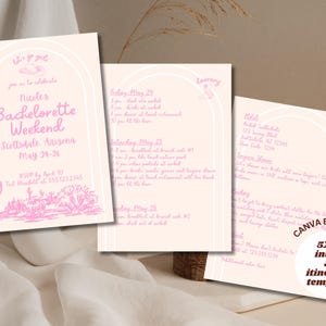 May include: A pink and white printable bachelorette weekend invitation and itinerary template with a desert landscape illustration. The text reads "Let's get you to celebrate Nicole's Bachelorette Weekend Scottsdale Arizona May 24-26 RSVP by April 10 Text [redacted] at 555 123.2345".