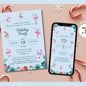 May include: A light blue holiday party invitation and a smartphone displaying the same design. The invitation features flamingo illustrations and the text "Holiday Party" with date and time details. Candy canes and snowflakes surround the invitation.