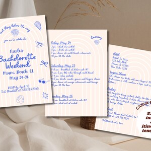 May include: A printable 5x7 inch bachelorette party invitation and itinerary template with a pink and white striped background. The text includes the bride's name, the weekend dates, the location, and the RSVP information. The design features a blue and white illustration of a seashell, a disco ball, and a star.