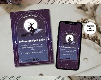 Könnte beinhalten: Editierbare Halloween-Partyeinladung mit einer Hexe, die auf einem Besen vor einem Vollmond fliegt. Die Einladung ist vor einem sternenklaren Nachthimmel in Lila und Blau platziert. Der Text lautet "Join us for a wicked Halloween Sip & Paint" mit Datum, Uhrzeit, Ort und RSVP-Informationen.