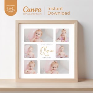 May include: A collage of six photos of a baby girl celebrating her first birthday. The photos are arranged in a grid pattern and feature the baby girl in various poses, including smiling, laughing, and eating cake. The text "HAPPY BIRTHDAY Olivia" is written in gold script on a white background.