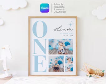 May include: A blue and white printable poster with the word "ONE" in large letters. The poster also includes a photo collage of a baby boy in different poses. The text "Liam" and "My First Year 12.08.2024" is included on the poster.