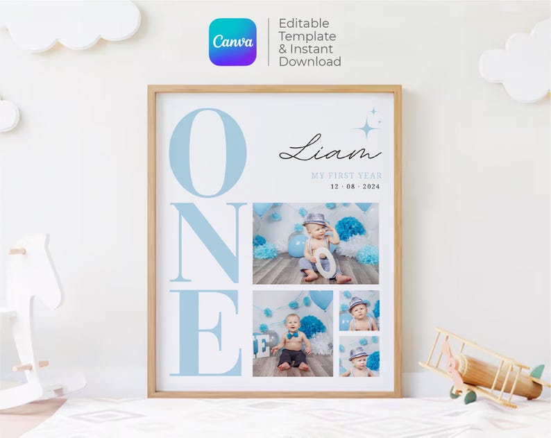 May include: A blue and white printable poster with the word "ONE" in large letters. The poster also includes a photo collage of a baby boy in different poses. The text "Liam" and "My First Year 12.08.2024" is included on the poster.