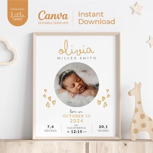 Neues Baby Geburt Stats personalisiertes Canva druckbares Poster | Bearbeitbar Boho Style Neugeborenen Geschenk | Digitaler Download | Kinderzimmer Wanddeko