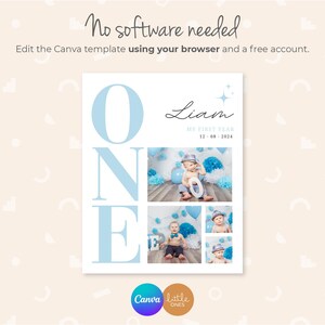 May include: A blue and white printable first birthday party invitation with the word "ONE" in large letters and a photo collage of a baby boy. The invitation includes the baby's name, Liam, and the date of his first birthday, 12-08-2024.