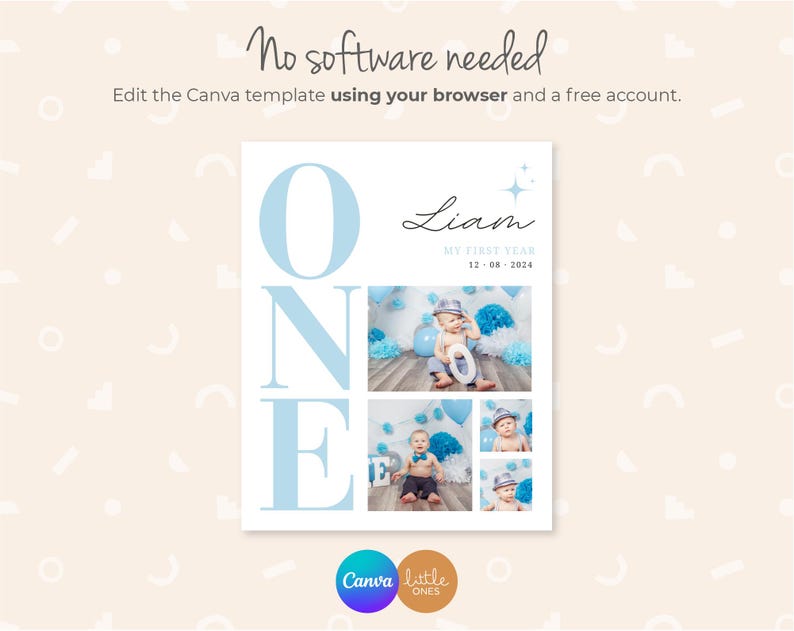 May include: A blue and white printable first birthday party invitation with the word "ONE" in large letters and a photo collage of a baby boy. The invitation includes the baby's name, Liam, and the date of his first birthday, 12-08-2024.