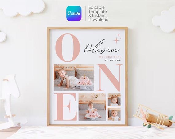 First Birthday Photo Collage Canva Template  | Editable Collage | Minimal Style Birthday Gift | Digital Download