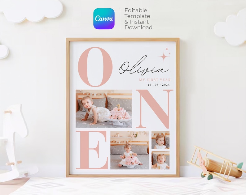 First Birthday Photo Collage Canva Template  | Editable Collage | Minimal Style Birthday Gift | Digital Download