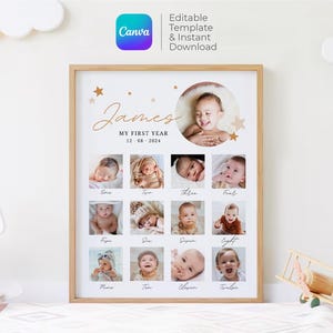 May include: A white poster with a gold frame featuring a baby's first year photo collage. The poster has a gold star design and the text "James My First Year 12-08-2024".