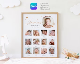 May include: A white poster with a gold frame featuring a baby's first year photo collage. The poster has a gold star design and the text "James My First Year 12-08-2024".