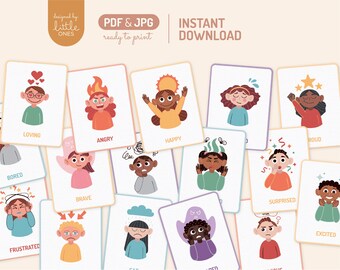 May include: A set of 12 printable cards featuring illustrations of children expressing different emotions. Each card includes a child's face with a unique expression and a word describing the emotion, such as "happy", "sad", "angry", and "excited".