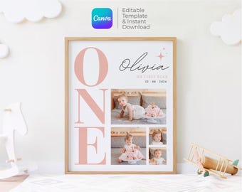 May include: A pink and white printable poster with the word "ONE" in large pink letters. The poster also includes a photo collage of a baby girl celebrating her first birthday. The text "Olivia, My First Year, 12.08.2024" is included on the poster.