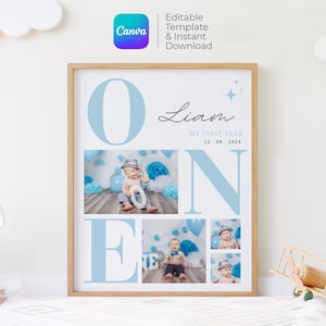 May include: A blue and white printable poster with the word "ONE" in large letters. The poster features photos of a baby boy and the text "Liam, My First Year, 12.08.2024".