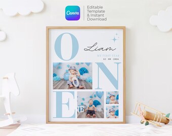 May include: A blue and white printable poster with the word "ONE" in large letters. The poster features photos of a baby boy and the text "Liam, My First Year, 12.08.2024".