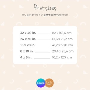 May include: A chart showing different print sizes in inches and centimeters. The chart lists the following sizes: 32 x 40 in., 24 x 30 in., 16 x 20 in., 8 x 10 in., and 4 x 5 in. The corresponding sizes in centimeters are: 82 x 101,6 cm, 61,6 x 76,2 cm, 41,2 x 50,8 cm, 20,4 x 25,4 cm, and 10,2 x 12,7 cm.