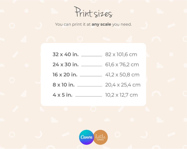 May include: A chart showing different print sizes in inches and centimeters. The chart lists the following sizes: 32 x 40 in., 24 x 30 in., 16 x 20 in., 8 x 10 in., and 4 x 5 in. The corresponding sizes in centimeters are: 82 x 101,6 cm, 61,6 x 76,2 cm, 41,2 x 50,8 cm, 20,4 x 25,4 cm, and 10,2 x 12,7 cm.