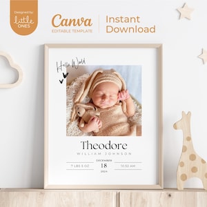 Póster personalizado imprimible en lienzo con estadísticas de nacimiento de un bebé recién nacido / Regalo para recién nacido de estilo minimalista editable / Descarga digital / Arte de pared para guardería