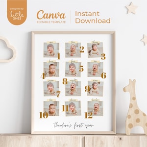 First Year Photo Collage Canva Template  | Editable Collage | Modern Style Birthday Gift | Digital Download