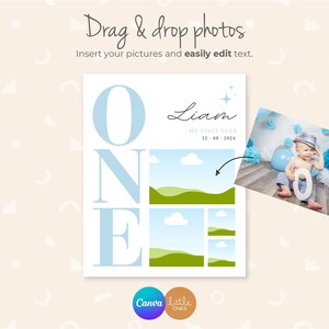 May include: A blue and white printable card with the word "ONE" in large letters. The card has a place to add a photo of a baby and includes the text "Liam, My First Year, 12-08-2024".