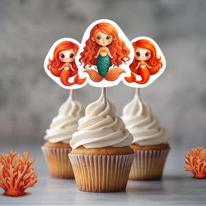 Afdrukbare zeemeermin cupcake-topper, thema-uitsparingen zeemeerminnen, digitale print Under the Sea-taart, koraal, schelpen en zeester | Direct downloaden