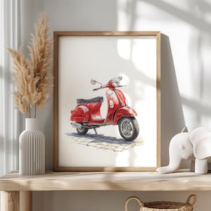 Vintage Red Vespa Print, Italian Travel Wall Art, Tuscany Cobblestone Streets, Retro Scooter Poster, European Summer Decor, Digital Download