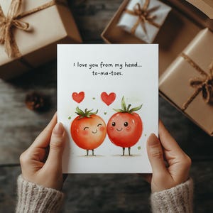 Tarjeta imprimible con tomates "Te amo desde mi cabeza", tarjeta divertida para hacer tú mismo, impresión de último momento para el día de San Valentín y aniversario, descarga instantánea en PDF