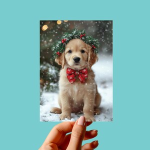 Cartão de Natal romântico com filhote de Golden Retriever com visco, filhote de cachorro extravagante para o feriado, presente para sua paixão, inverno pastel suave, download instantâneo