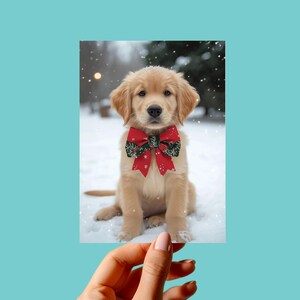 Golden Retriever kokette Schleife Weihnachtskarte, ästhetischer Urlaub druckbare, festliche digitaler Download, weicher romantischer Winter, sofortiger Download