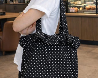 Polka Dot Shoulder Bag for Women , Cute cotton Tote Bag with Zipper pocket, Lightweight Travel Purse, Aesthetic Daily Handbag
