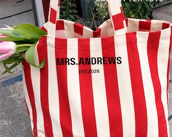 Personalized Name Tote Bag Striped Canvas Bag Custom Text Tote Aesthetic Beach Bag Bridesmaid Gift Reusable Shopper Future Bride Gift, Wife