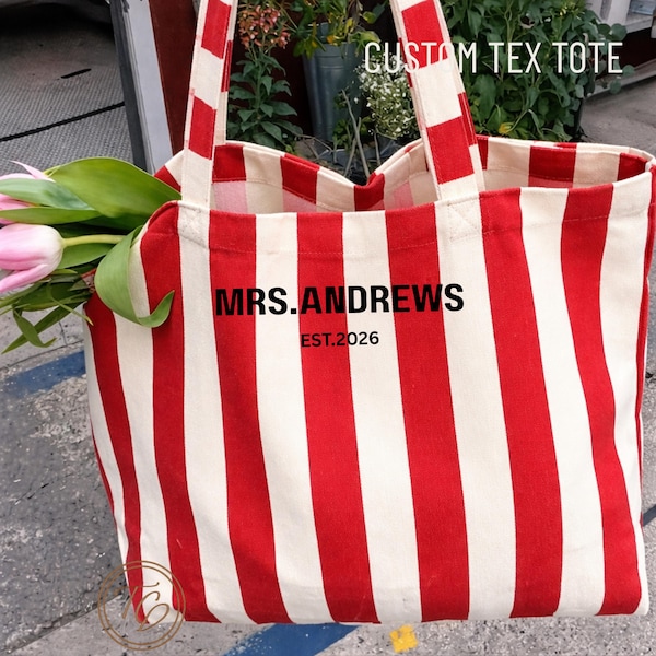 Personalized Name Tote Bag Striped Canvas Bag Custom Text Tote Aesthetic Beach Bag Bridesmaid Gift Reusable Shopper Future Bride Gift, Wife