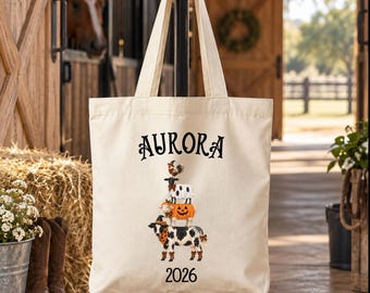 Personalized Trick or Treat Bags, Farm Animals Halloween Candy Bag Tote with Name, Custom Name Canvas Bag for Kids, Halloween Gift
