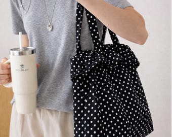 Polka Dot Shoulder Bag , Cute Soft Bag, Casual Lightweight Tote, Fabric Slouch Bag, Retro Everyday Bag, Gift for Her, Ruffle Tote Bag