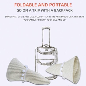 May include: Cream-colored, foldable sun hats with white pom-pom trim are displayed with a sketch of a rolling suitcase. The text reads "FOLDABLE AND PORTABLE GO ON A TRIP WITH A BACKPACK".