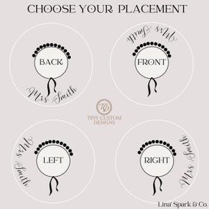 May include: A graphic design with four circular options for placement, labeled "BACK", "FRONT", "LEFT", and "RIGHT". Each circle features a decorative element and the text "Mrs. Smith". The text "CHOOSE YOUR PLACEMENT" is at the top.
